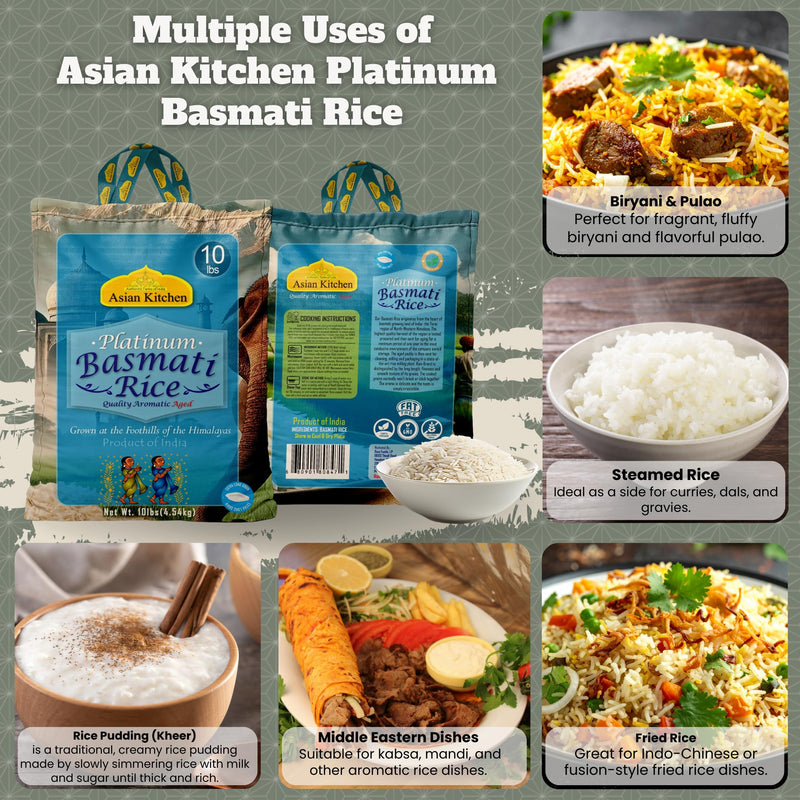 Asian Kitchen Platinum White Basmati Rice Extra Long Aged 10lbs (4.54kg) ~ All Natural | Vegan | Gluten Friendly | Indian Origin