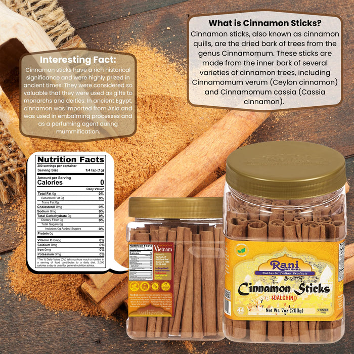 Rani Cinnamon Sticks 7oz (200g) PET Jar - 36-44 Sticks - Strong Aroma, Perfect for Baking, Cooking & Beverages | 3+ Inches Length - Cassia Saigon Cinnamon from Vietnam | Kosher