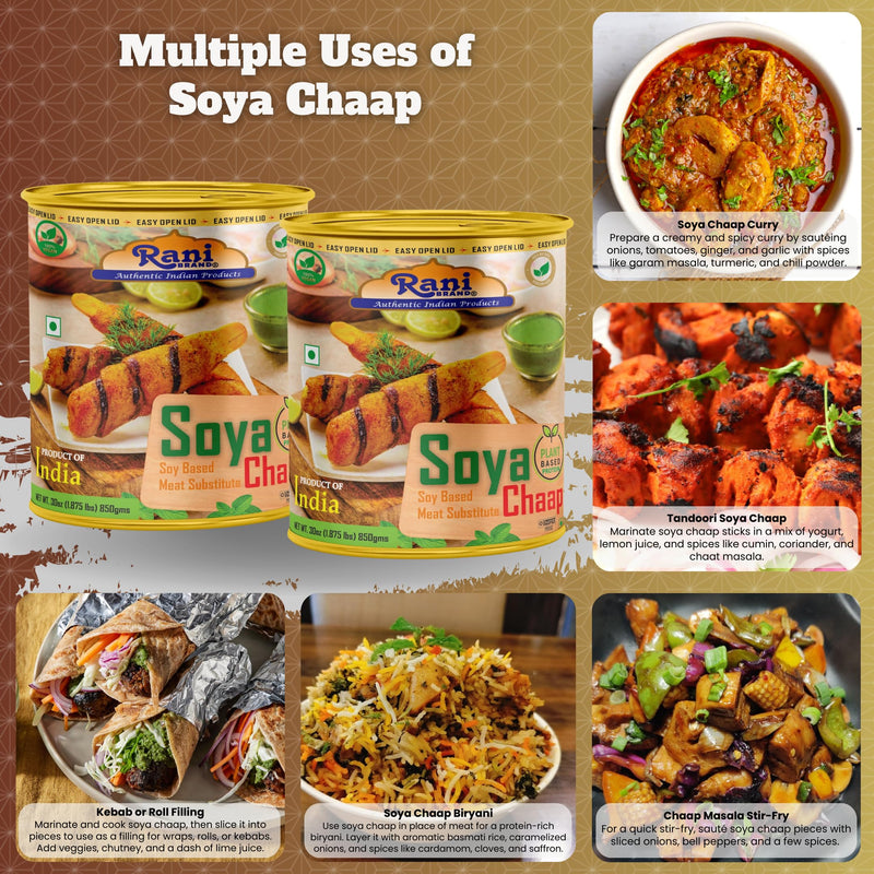 Rani Soya Chaap (Plant Based Protein) 30oz (1.875lbs) 850g, Pack of 2 ~ Easy Open Lid | All Natural | Vegan | No Colors | NON-GMO | Kosher | Indian Origin | Soy Based Meat Substitute