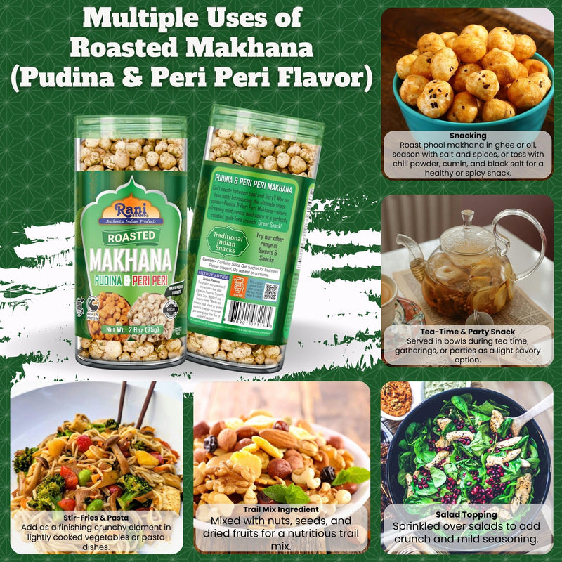 Rani Roasted Makhana (Fox Nut/Popped Lotus Seed) 2in1 Pudina & Peri Peri 2.6oz (75g) Ready to eat, Hand Picked Foxnuts ~ High in Protein | Vegan | Gluten Friendly | NON-GMO | Kosher | Indian Origin