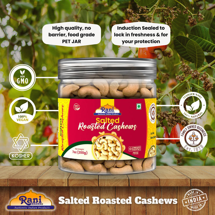 Rani Salted Roasted Cashews 7oz (200g) PET Jar, Non-Fried, Oil Free ~ All Natural | Vegan | Gluten Friendly | NON-GMO | Kosher | Air Roasted, Crunchy & Flavorful