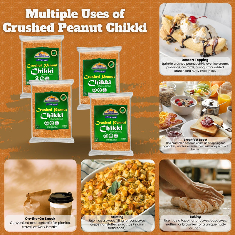 Rani Crushed Peanut Chikki (Brittle Candy) 3.5oz (100g) x Pack of 4 ~ All Natural | Vegan | Kosher | No colors | Gluten Friendly | Indian Origin
