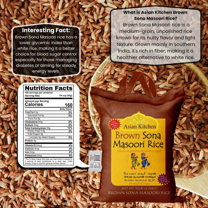 Asian Kitchen Brown Sona Masoori Aged Rice 10lbs (4.54kg) Short Grain Rice ~ All Natural | Gluten Friendly | Vegan | Kosher | Indian Origin | Export Quality