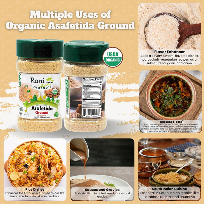 Rani Organic Asafetida (Hing) Ground 3.75oz (106g) PET Jar ~ All Natural | Salt Free | Vegan | Non-GMO | Kosher | Asafoetida Indian Spice | Best for Onion Garlic Substitute | USDA Certified Organic