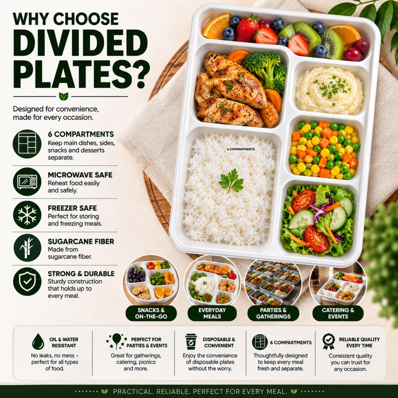 Rani 6 Compartment Square Biodegradable Divided Plates, Pack of 250 ~ Party, Thali, Buffet | Disposable & Eco-Friendly | Heavy-Duty Sturdy Paper Bagasse | Premium Quality | 12.5" x 8.5" x 1.10"