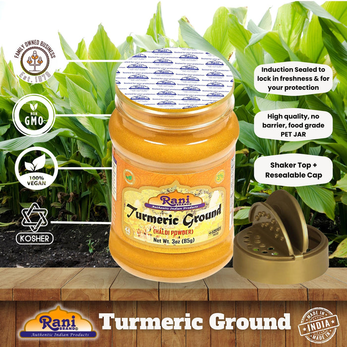 Rani Turmeric (Haldi) Root Powder Spice, (High Curcumin Content) 3oz (85g) PET Jar ~ All Natural | 100% Pure, Salt Free | Vegan | Gluten Friendly | NON-GMO | Kosher | Indian Origin