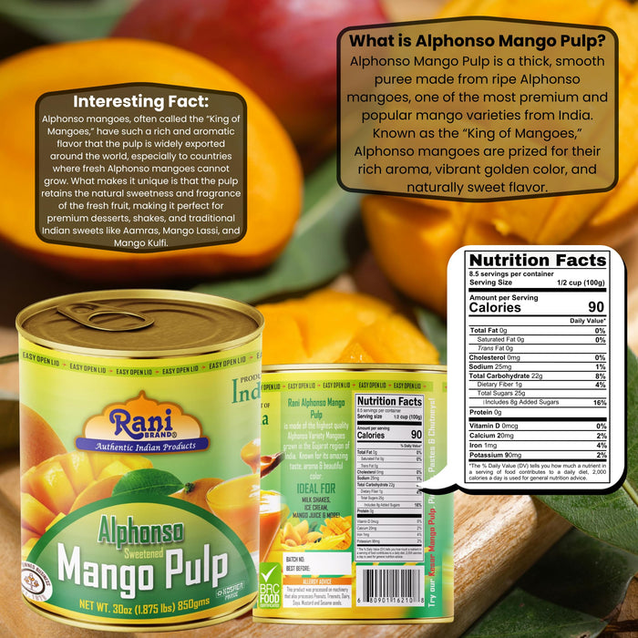 Rani Mango Pulp Puree (Makes Mango Lassi Shakes) Alphonso Sweetened 30oz (1.875lbs) 850g Pack of 18 ~ Kosher | All Natural | NON-GMO | Vegan | No colors | Gluten Friendly | Indian Origin