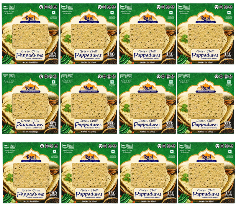 Rani Pappadums (Indian Lentil Wafer Snack) Green Chilli Papad 7oz (200g) Approximately 15pc, 7 inches, Pack of 12 ~ All Natural | Gluten Friendly | NON-GMO | Vegan | Indian Origin
