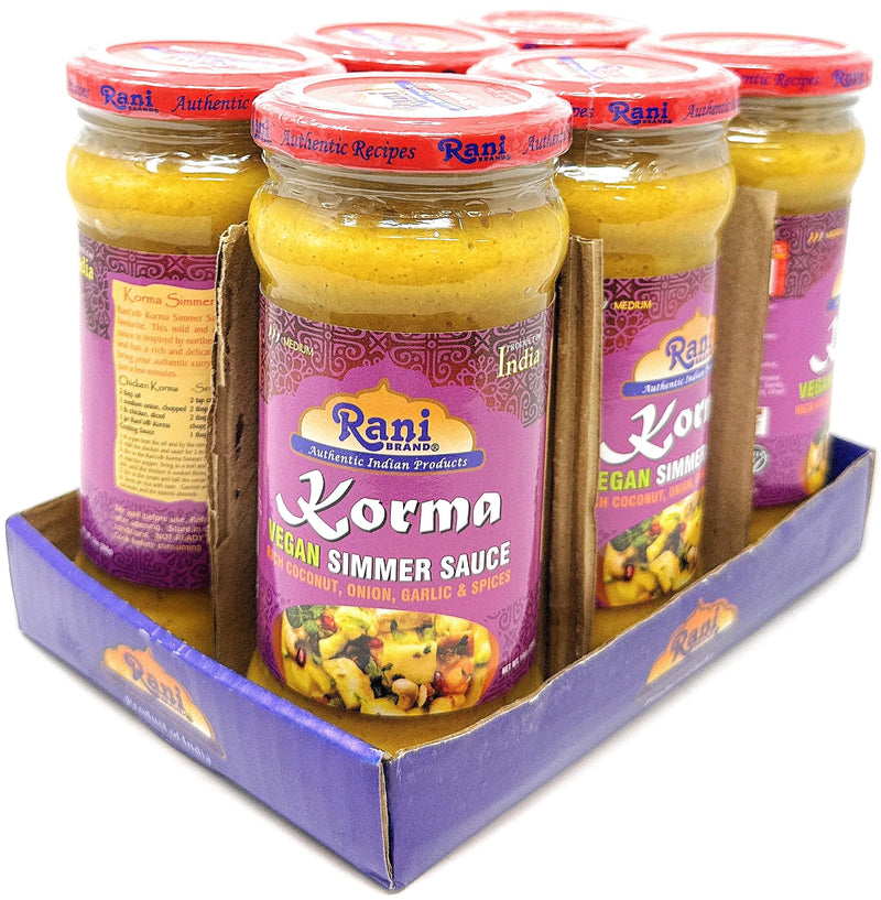 Rani Korma Curry Vegan Simmer Sauce (Rich Coconut, Onion, Garlic & Spices) 14oz (400g) Glass Jar, Pack of 5 +1 FREE ~ Easy to Use | Vegan | No Colors | All Natural | NON-GMO | Gluten Free | Indian Origin
