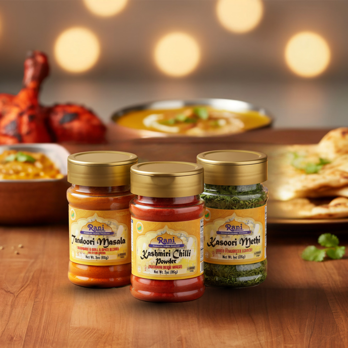 Rani Tandoori Masala 3oz (85g), Kashmiri Chilli Powder 3oz (85g), Kasoori Methi 1oz (28g) PET Jar Combo Pack of 3 ~ All Natural | Vegan | Gluten Friendly | NON-GMO | Indian Origin