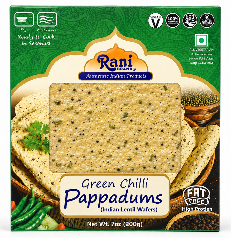 Rani Pappadums (Indian Lentil Wafer Snack) Green Chilli Papad 7oz (200g) Approximately 15pc, 7 inches ~ All Natural | Gluten Friendly | NON-GMO | Vegan | Indian Origin