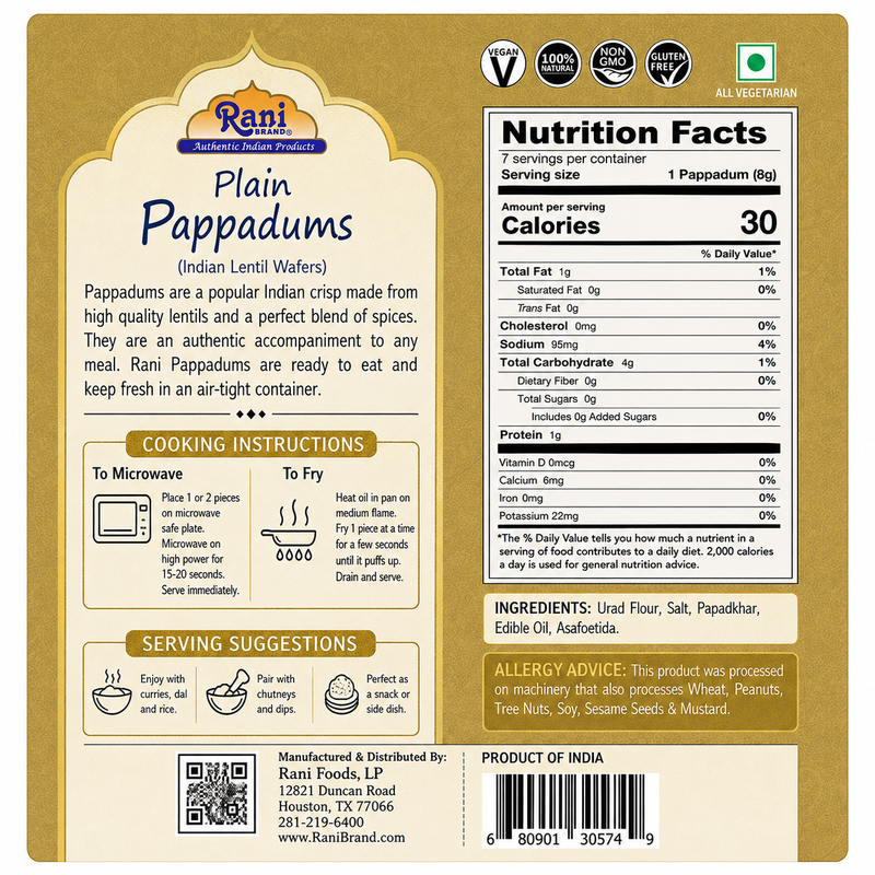 Rani Pappadums (Indian Lentil Wafer Snack) Plain Papad 7oz (200g) Approximately 15pc, 7 inches ~ All Natural | Gluten Friendly | NON-GMO | Vegan | Indian Origin