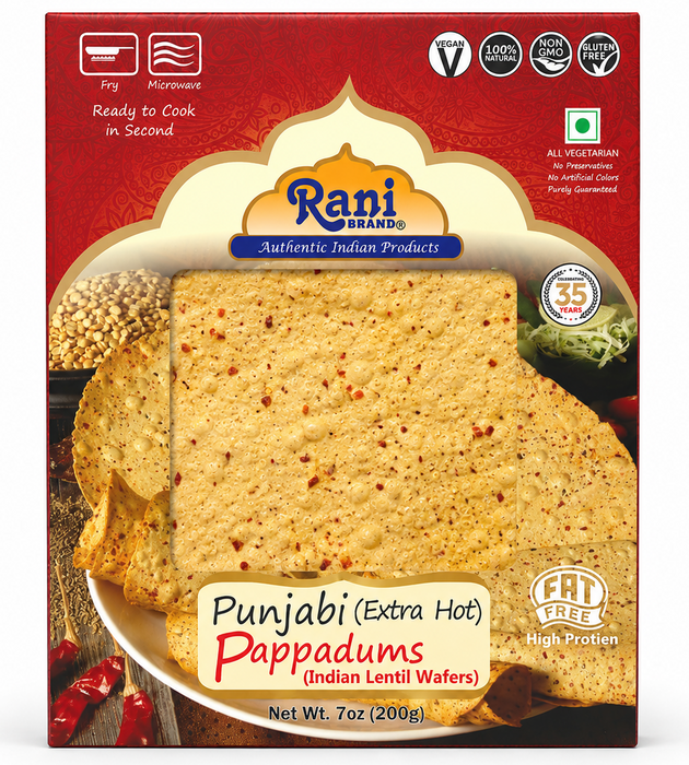Rani Pappadums (Indian Lentil Wafer Snack) Punjabi Papad - Extra Hot, 7oz (200g) Approximately 15pc, 7 inches ~ All Natural | Gluten Friendly | NON-GMO | Vegan | Indian Origin