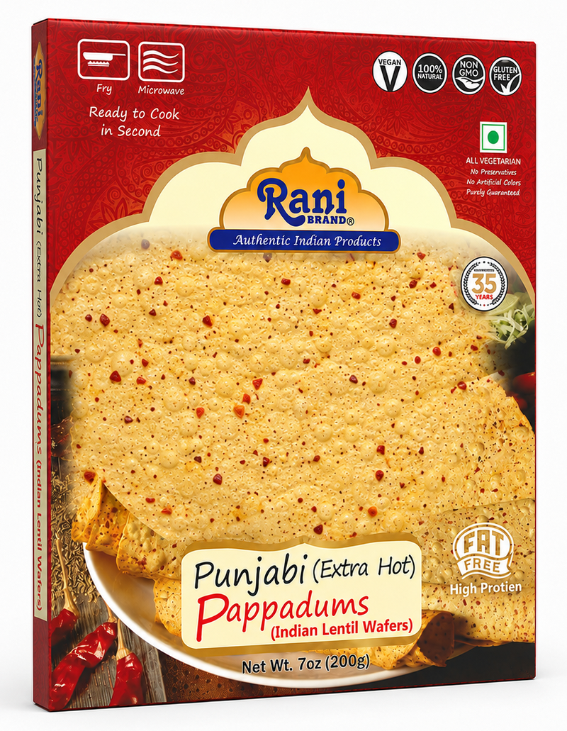 Rani Pappadums (Indian Lentil Wafer Snack) Punjabi Papad - Extra Hot, 7oz (200g) Approximately 15pc, 7 inches ~ All Natural | Gluten Friendly | NON-GMO | Vegan | Indian Origin