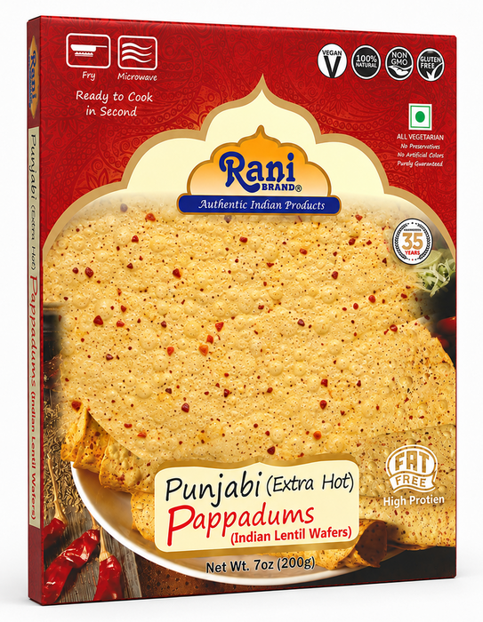 Rani Pappadums (Indian Lentil Wafer Snack) Punjabi Papad - Extra Hot, 7oz (200g) Approximately 15pc, 7 inches ~ All Natural | Gluten Friendly | NON-GMO | Vegan | Indian Origin