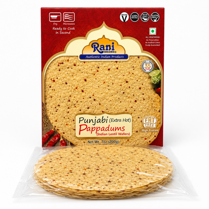 Rani Pappadums (Indian Lentil Wafer Snack) Punjabi Papad - Extra Hot, 7oz (200g) Approximately 15pc, 7 inches ~ All Natural | Gluten Friendly | NON-GMO | Vegan | Indian Origin