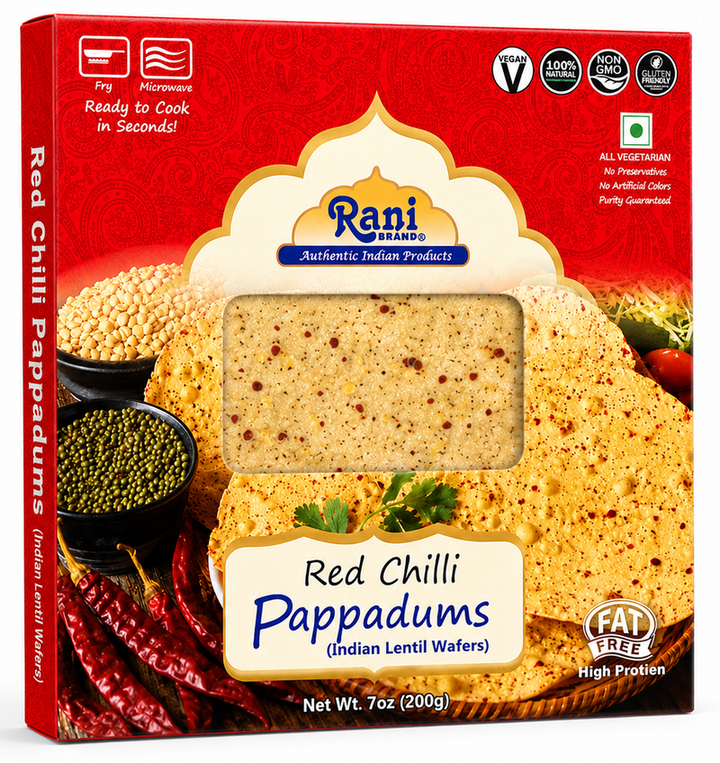 Rani Pappadums (Indian Lentil Wafer Snack) Red Chilli Papad 7oz (200g) Approximately 15pc, 7 inches ~ All Natural | Gluten Friendly | NON-GMO | Vegan | Indian Origin