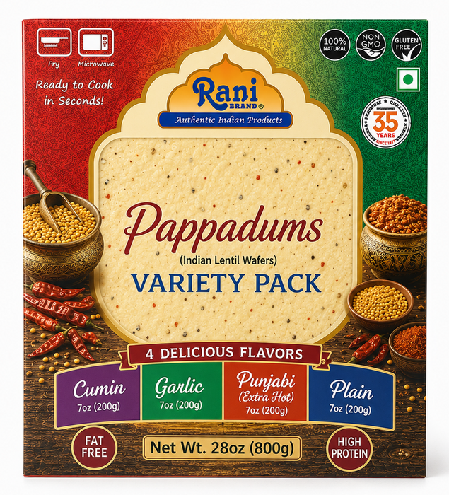 Rani Pappadums (Indian Lentil Wafer Snack) 5-Variety Papad Pack (Green Chilli, Garlic, Cumin, Extra Hot, Black Pepper) 7oz (200g) Approximately 15pc, 7 inches ~ All Natural | Gluten Friendly | NON-GMO