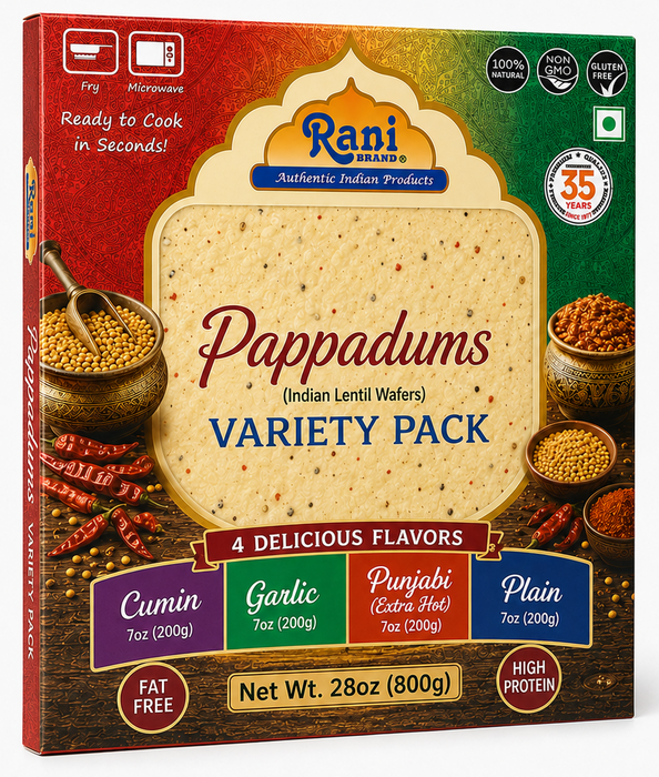 Rani Pappadums (Indian Lentil Wafer Snack) 5-Variety Papad Pack (Green Chilli, Garlic, Cumin, Extra Hot, Black Pepper) 7oz (200g) Approximately 15pc, 7 inches ~ All Natural | Gluten Friendly | NON-GMO