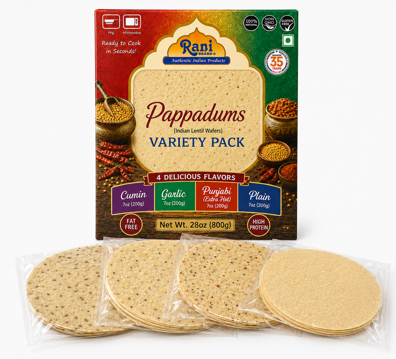 Rani Pappadums (Indian Lentil Wafer Snack) 5-Variety Papad Pack (Green Chilli, Garlic, Cumin, Extra Hot, Black Pepper) 7oz (200g) Approximately 15pc, 7 inches ~ All Natural | Gluten Friendly | NON-GMO
