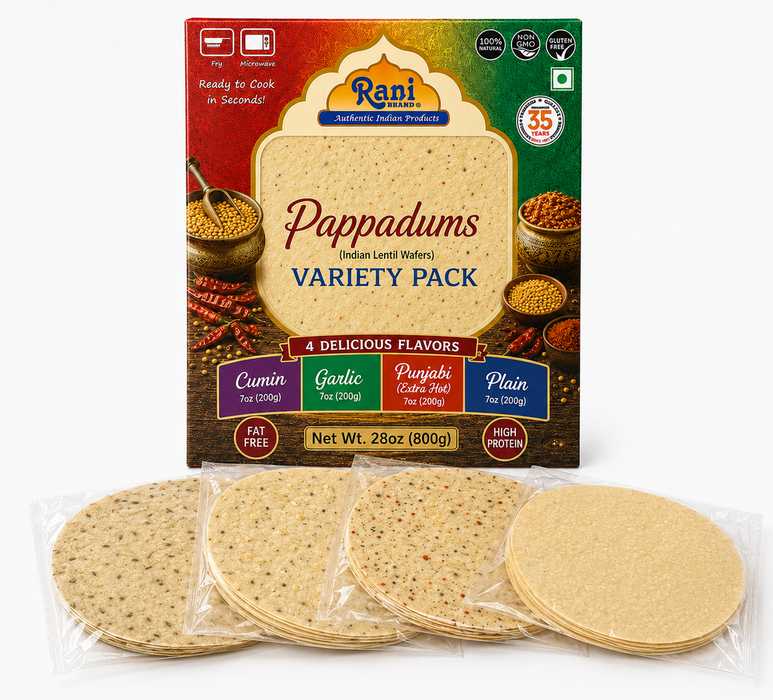 Rani Pappadums (Indian Lentil Wafer Snack) 5-Variety Papad Pack (Green Chilli, Garlic, Cumin, Extra Hot, Black Pepper) 7oz (200g) Approximately 15pc, 7 inches ~ All Natural | Gluten Friendly | NON-GMO