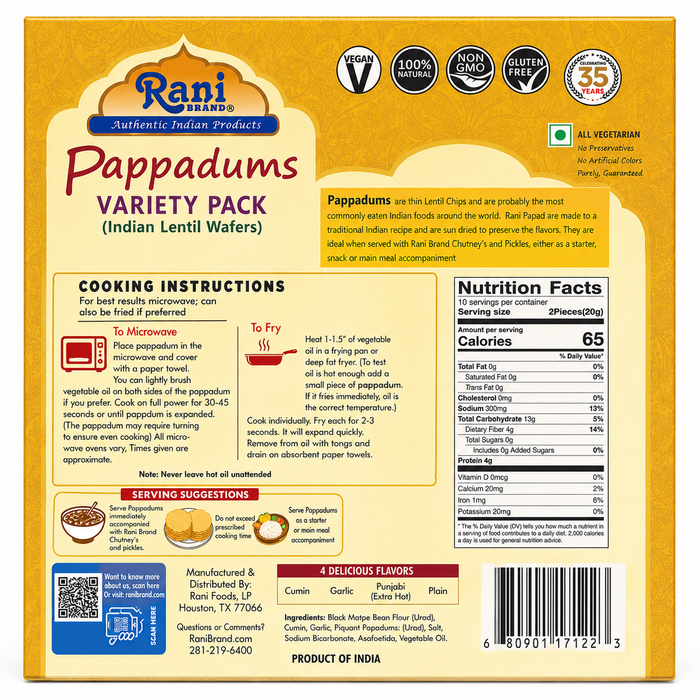 Rani Pappadums (Indian Lentil Wafer Snack) 5-Variety Papad Pack (Green Chilli, Garlic, Cumin, Extra Hot, Black Pepper) 7oz (200g) Approximately 15pc, 7 inches ~ All Natural | Gluten Friendly | NON-GMO