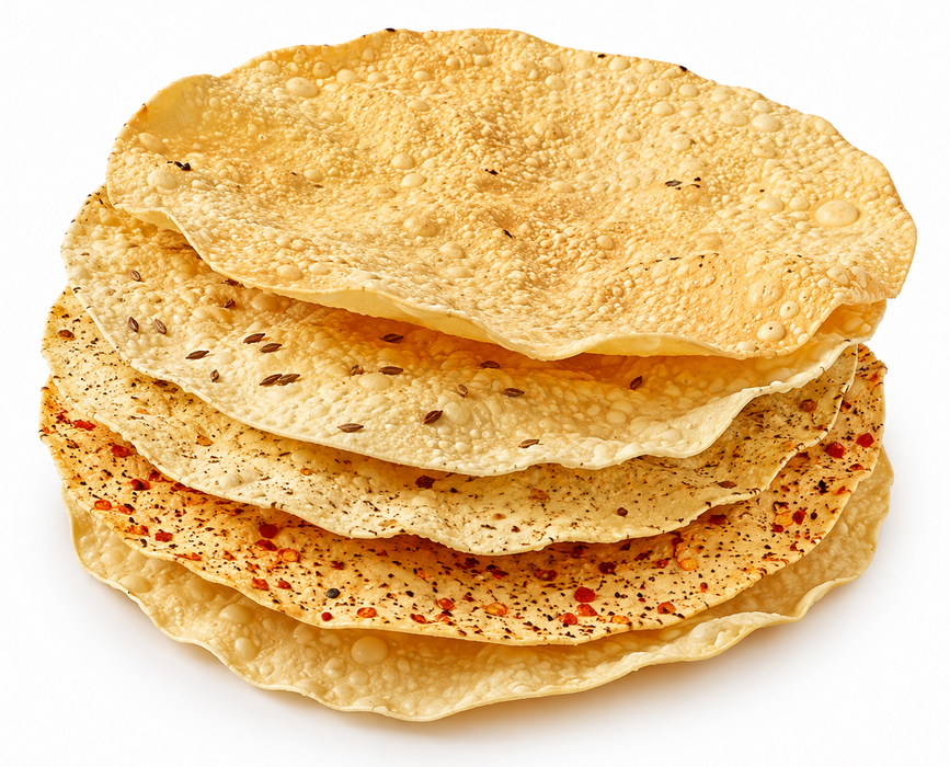 Rani Pappadums (Indian Lentil Wafer Snack) 5-Variety Papad Pack (Green Chilli, Garlic, Cumin, Extra Hot, Black Pepper) 7oz (200g) Approximately 15pc, 7 inches ~ All Natural | Gluten Friendly | NON-GMO
