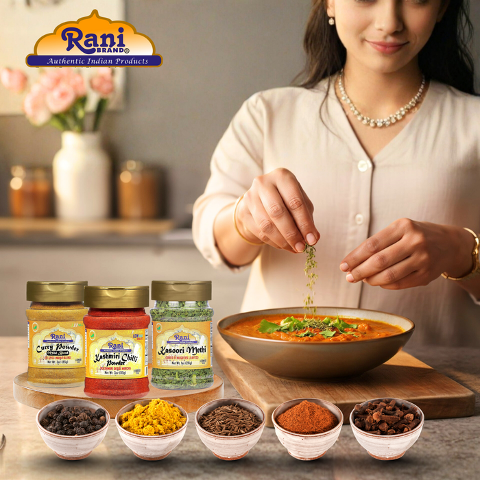Rani Curry Powder Mild 3oz (85g), Kashmiri Chilli Powder 3oz (85g), Kasoori Methi 1oz (28g) PET Jar Combo Pack of 3 ~ All Natural | Vegan | Gluten Friendly | NON-GMO | Indian Origin
