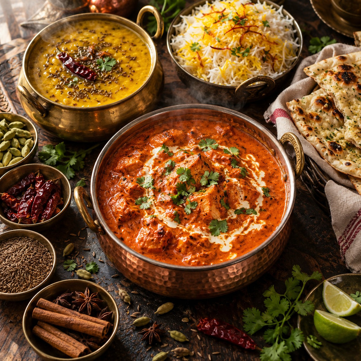 Indian feast: butter chicken, dal tadka, saffron basmati rice, garlic naan and whole spices