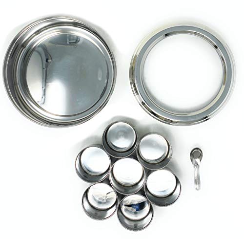 Rani Spice Box Stainless Steel Transparent Round Storage (9.2in x 3in) For Spices (Masala Dabba) 7 Compartments, with spoon ~ Packed in an attractive box, perfect for gifts!