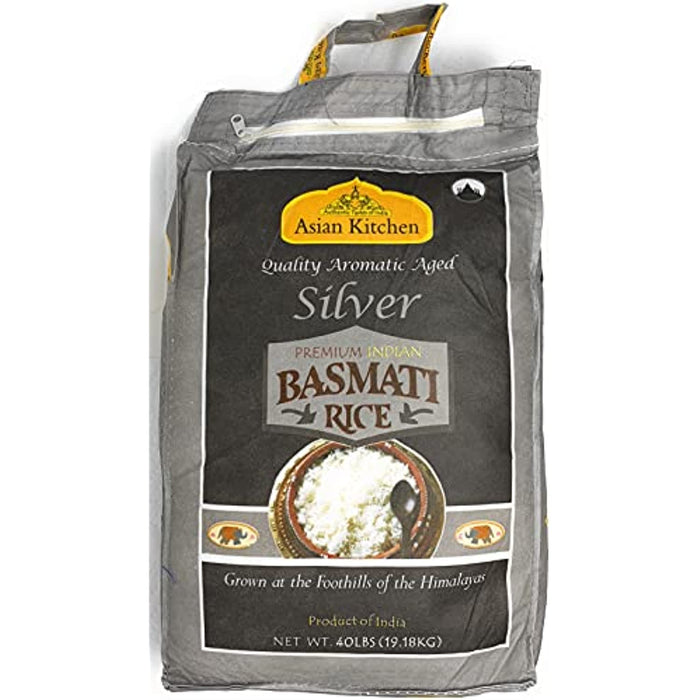 Asian Kitchen Silver White Basmati Rice Aged 40lbs (18.18kg) ~ All Natural | Gluten Friendly | Vegan | Indian Origin | Export Quality
