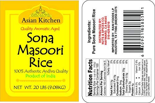 Asian Kitchen White Sona Masoori Aged Rice 20lbs (9.08kg) Short Grain Rice ~ All Natural | Gluten Friendly | Vegan | Indian Origin | Export Quality