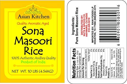 Asian Kitchen White Sona Masoori Aged Rice 10lbs (4.54kg) Short Grain Rice ~ All Natural | Gluten Friendly | Vegan | Indian Origin | Export Quality