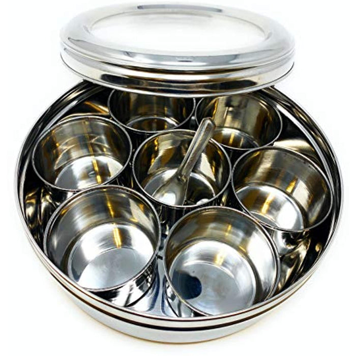 Rani Spice Box Stainless Steel Transparent Round Storage For Spices (Masala Dabba) 7 Compartments, with spoon, perfect for gifts - Without Box Packing