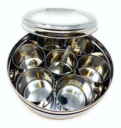 Rani Spice Box Stainless Steel Transparent Round Storage (9.2in x 3in) For Spices (Masala Dabba) 7 Compartments, with spoon ~ Packed in an attractive box, perfect for gifts!