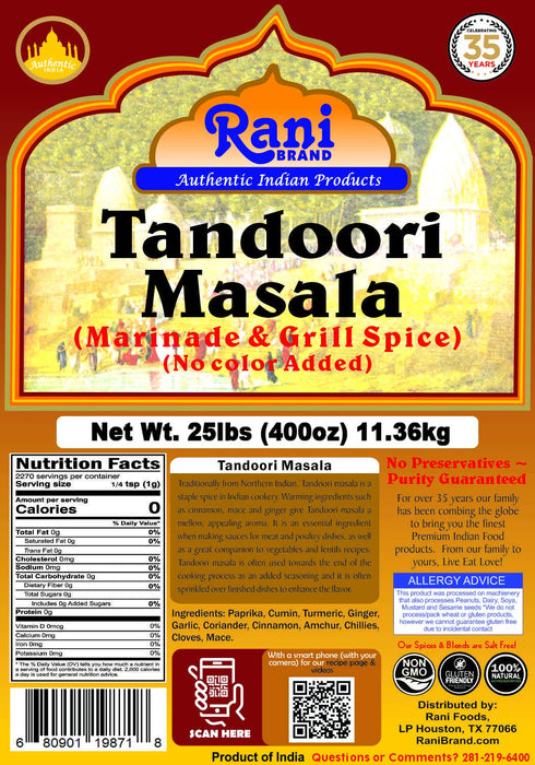 Rani Tandoori Masala (Natural, No Colors ) Indian 11-Spice Blend, 25 Pound (400 Ounce) 11.36kg ~ Bulk Box ~ Salt-Free | Vegan | Gluten-Free | NON-GMO