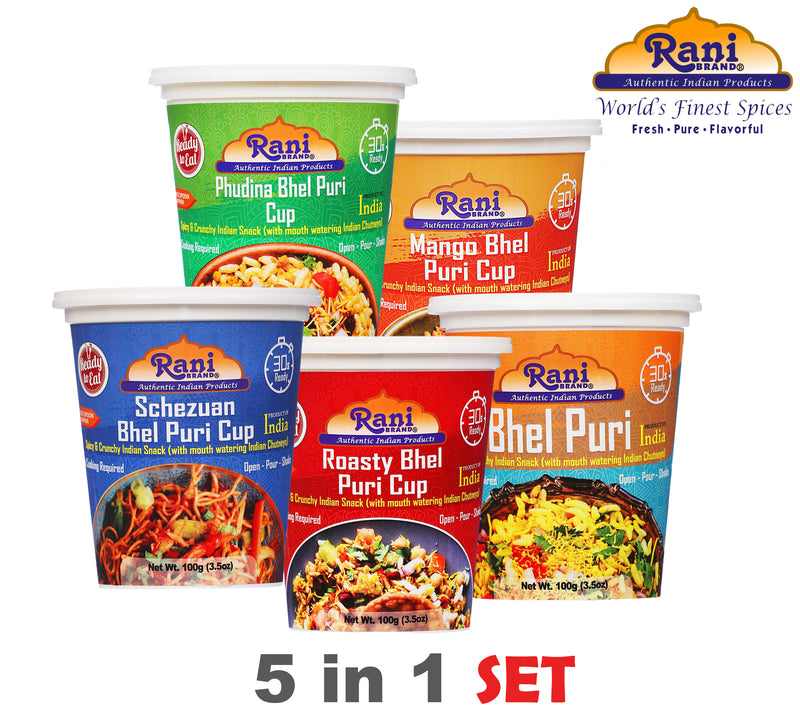 Rani Bhel Puri Cups 5 Flavors-in-1 Set (Regular, Roasty, Mango, Schezuan, Pudina) 3.5oz (100g), Pack of 5 ~ Spicy & Crunchy Indian Snack | Ready to Eat | Vegan | NON-GMO | Indian Origin