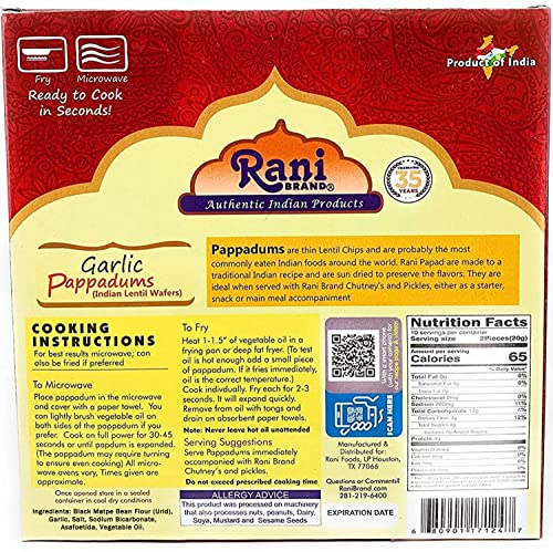 Rani Pappadums (Indian Lentil Wafer Snack) Garlic Papad 7oz (200g) Approximately 15pc, 7 inches, Pack of 12 ~ All Natural | Gluten Friendly | NON-GMO