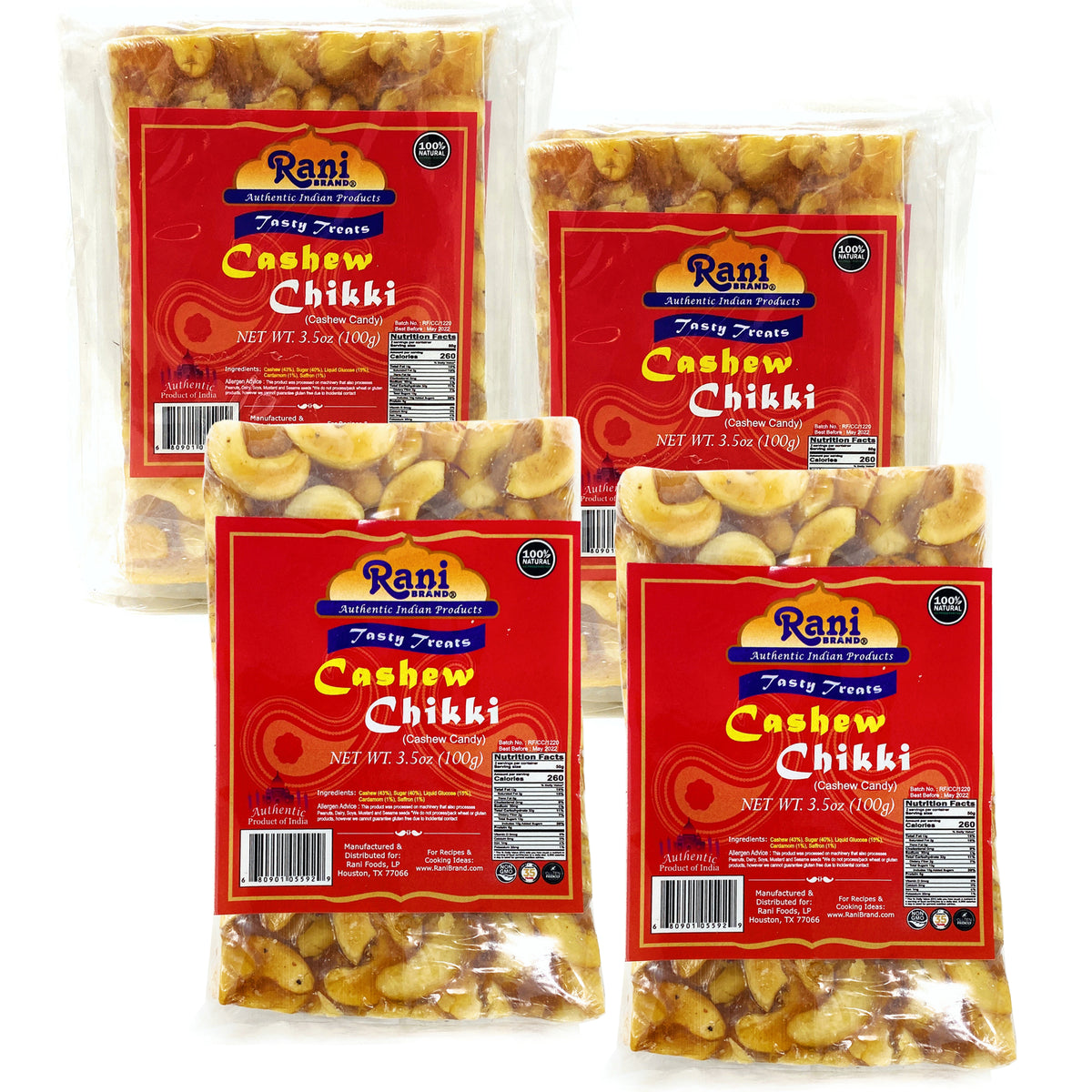 Rani Cashew Chikki (Brittle Candy) 100g (3.5oz) x Pack of 4 ~ All Natu ...