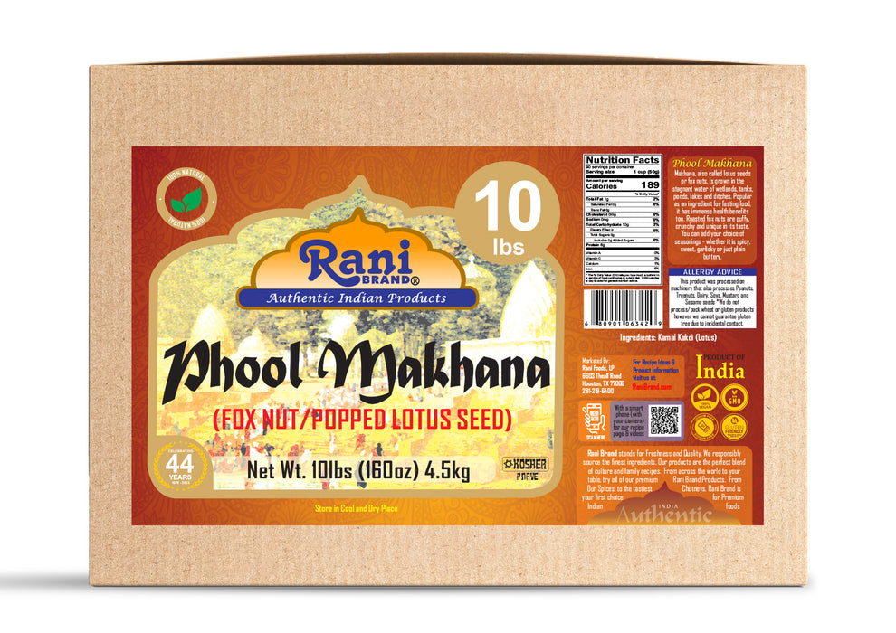 Rani Jumbo Phool Makhana (Fox Nut/Popped Lotus Seed) Plain Raw Uncooked 160oz (10lbs) 4.54kg Bulk Box ~ All Natural | Vegan | No Colors | Gluten Friendly | NON-GMO | Indian Origin