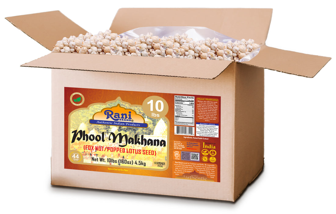 Rani Jumbo Phool Makhana (Fox Nut/Popped Lotus Seed) Plain Raw Uncooked 160oz (10lbs) 4.54kg Bulk Box ~ All Natural | Vegan | No Colors | Gluten Friendly | NON-GMO | Indian Origin