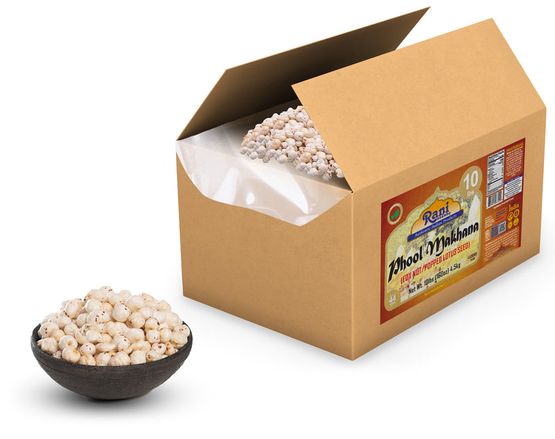 Rani Jumbo Phool Makhana (Fox Nut/Popped Lotus Seed) Plain Raw Uncooked 160oz (10lbs) 4.54kg Bulk Box ~ All Natural | Vegan | No Colors | Gluten Friendly | NON-GMO | Indian Origin