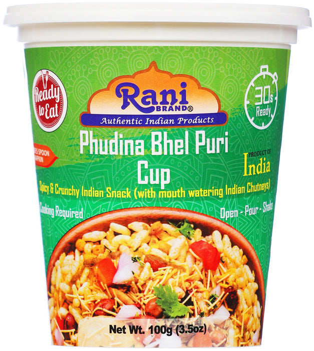 Rani Pudina Bhel Puri Cup (Spicy & Crunchy Indian Snack w/ mouth watering Indian Chutneys) 3.5oz (100g), Pack of 2 ~ Ready to Eat | Vegan | NON-GMO | Indian Origin