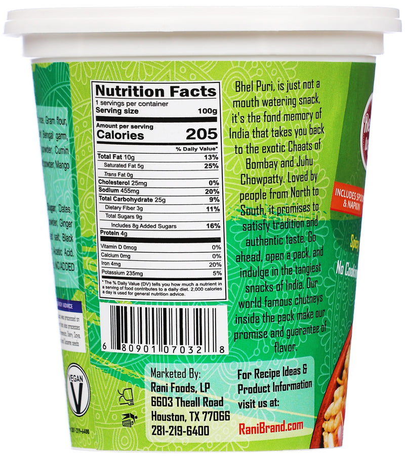 Rani Pudina Bhel Puri Cup (Spicy & Crunchy Indian Snack w/ mouth watering Indian Chutneys) 3.5oz (100g), Pack of 2 ~ Ready to Eat | Vegan | NON-GMO | Indian Origin