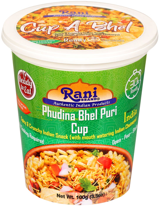 Rani Pudina Bhel Puri Cup (Spicy & Crunchy Indian Snack w/ mouth watering Indian Chutneys) 3.5oz (100g), Pack of 4 ~ Ready to Eat | Vegan | NON-GMO | Indian Origin