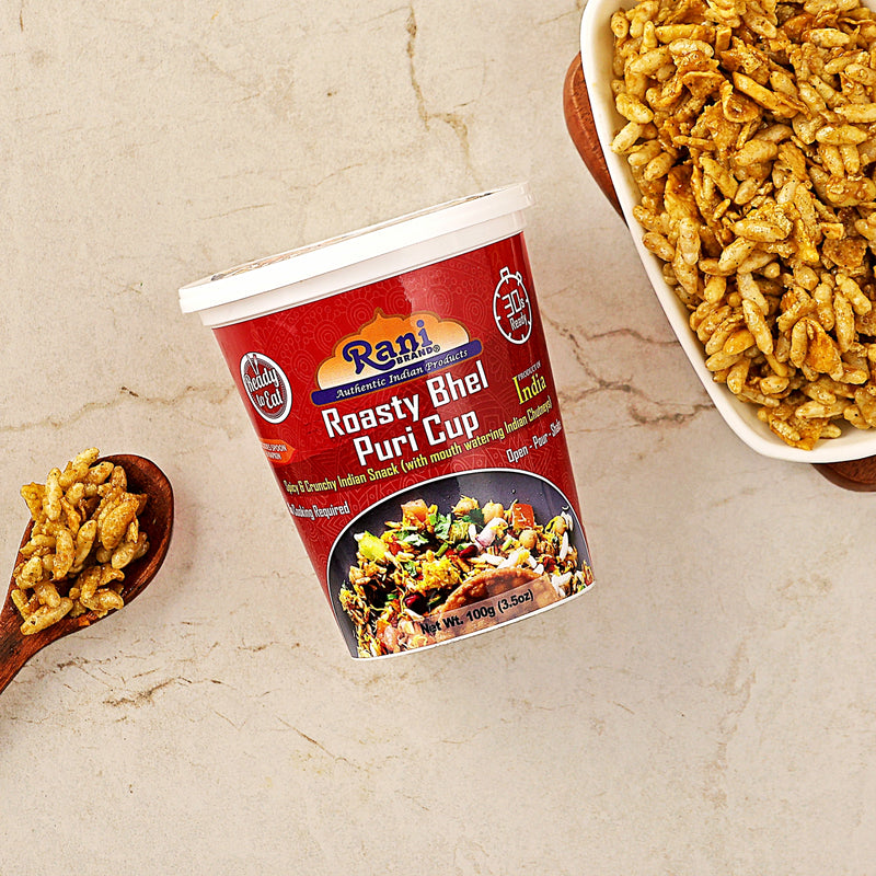 Rani Roasty Bhel Puri Cup (Spicy & Crunchy Indian Snack w/ mouth watering Indian Chutneys) 3.5oz (100g), Pack of 6+1 FREE ~ Ready to Eat | Vegan | NON-GMO | Indian Origin