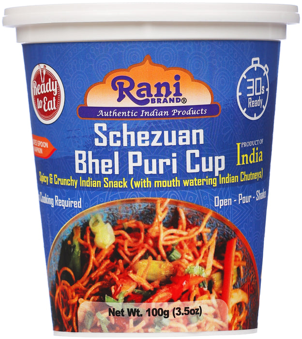 Rani Schezuan Bhel Puri Cup (Spicy & Crunchy Indian Snack w/ mouth watering Indian Chutneys) 3.5oz (100g), Pack of 2 ~ Ready to Eat | Vegan | NON-GMO | Indian Origin