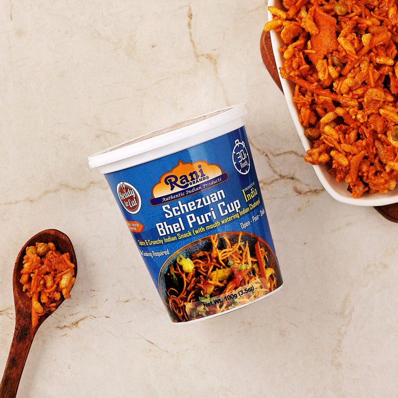 Rani Schezuan Bhel Puri Cup (Spicy & Crunchy Indian Snack w/ mouth watering Indian Chutneys) 3.5oz (100g), Pack of 4 ~ Ready to Eat | Vegan | NON-GMO | Indian Origin