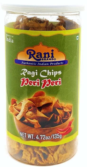 Rani Ragi Chips Peri-Peri 4.72oz (130g) Vacuum Sealed, Easy Open Top, Resealable Container ~ Indian Tasty Treats | Vegan | NON-GMO | Indian Origin & Taste