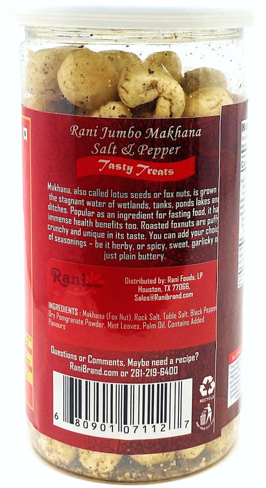 Rani Jumbo Phool Makhana (Fox Nut/Popped Lotus Seed) Rock Salt & Pepper Flavor 2.29oz (65g) Vacuum Sealed, Easy Open Top, Resealable Container